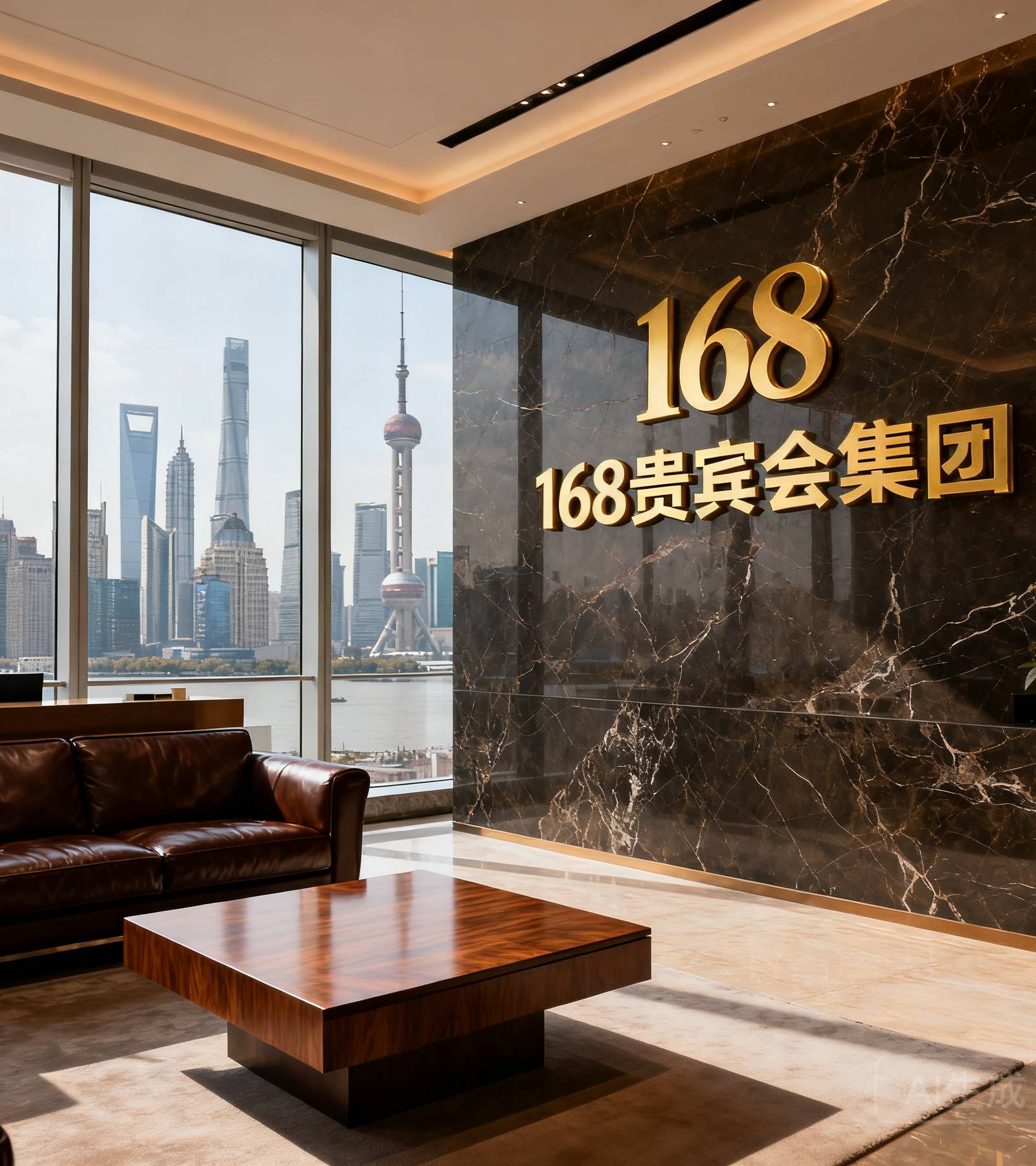 168贵宾会集团上海陆家嘴总部前台实拍：深色大理石背景墙上金色品牌标识醒目，左侧接待区配置深棕色皮质沙发和实木茶几，落地窗外可见陆家嘴城市天际线