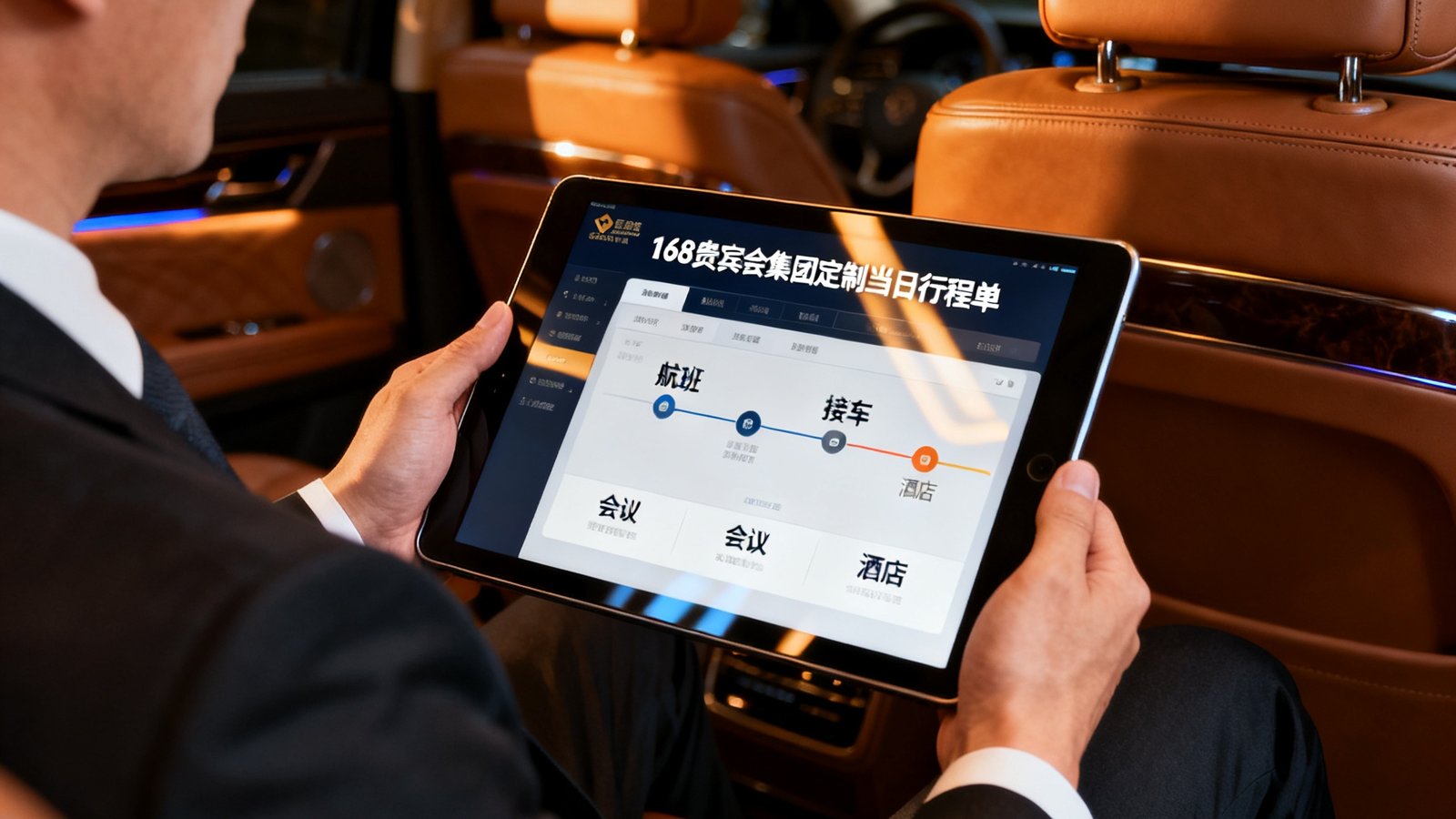 定制化出行方案展示：豪华商务车后排，一位企业高管手持iPad查看由168贵宾会集团定制的当日行程单，界面清晰展示航班、接车、会议、酒店等节点